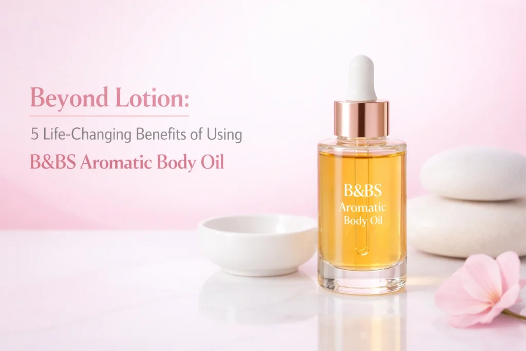 Aromatic body oil in glass bottle with dropper, pink background, spa setting.